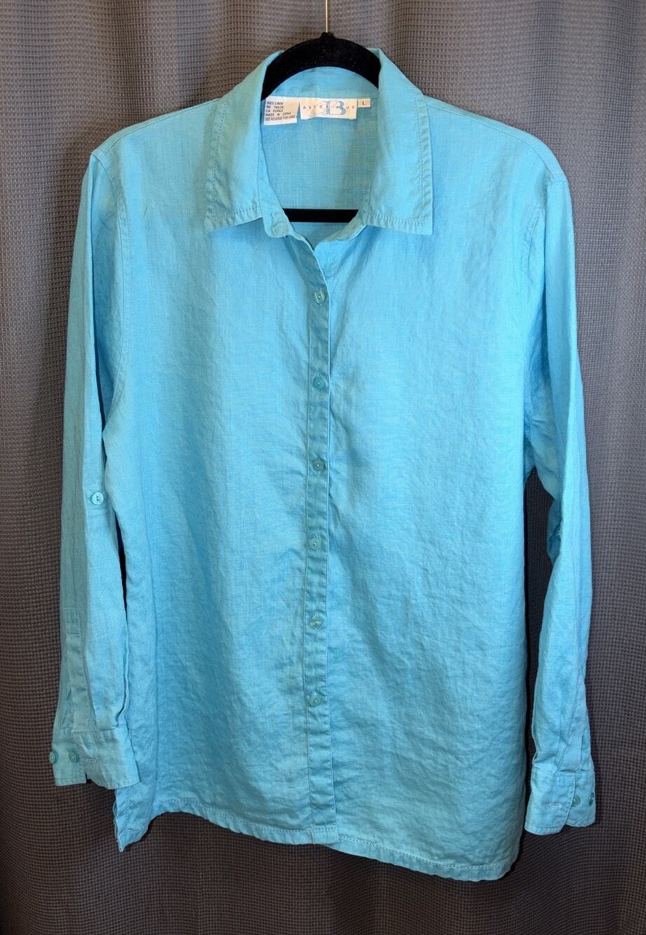 Alice Blue Womens 100% Linen Blouse Button Up Sz Large